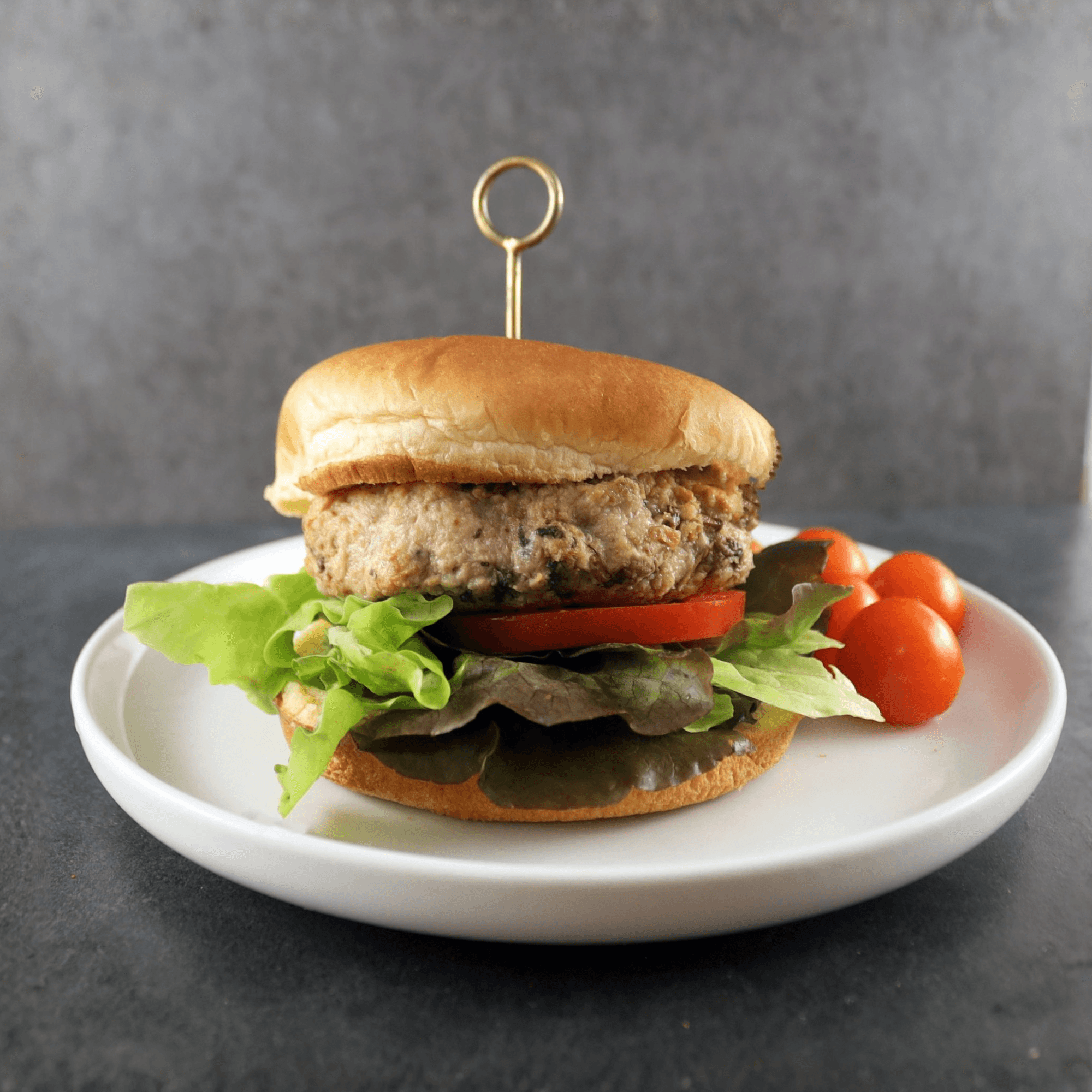 Savory Turkey Mushroom Burger with Cherry Tomatoes